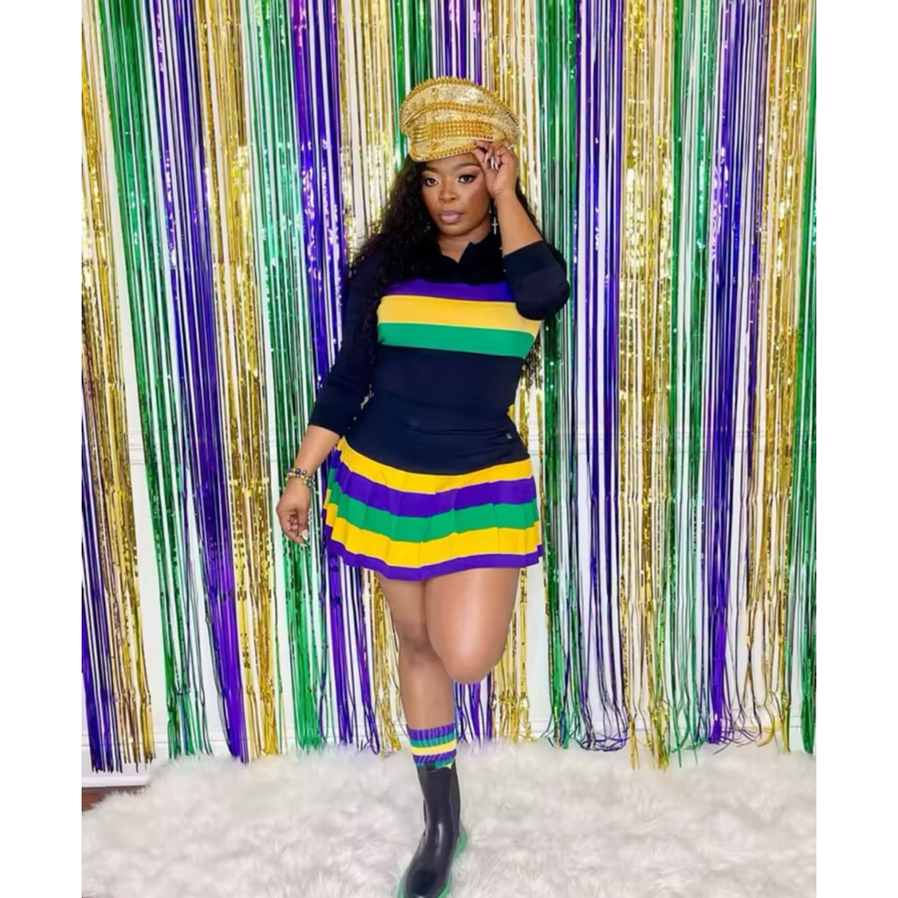Black Mardi Gras Color Block 2pc Long Sleeve and Skirt Set